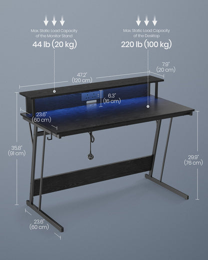 VASAGLE LED Gaming Desk with Power Outlets, Computer Desk with USB Ports, Office Desk with Monitor Stand for 2 Monitors, with Hooks, for Bedroom, 23.6 x 47.2 x 29.5 Inches Ebony Black ULWD092B56