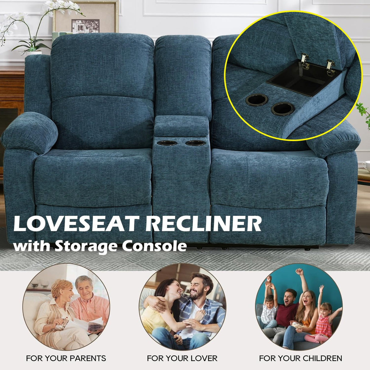 SIENWIEY Manual Recliner Sofa Set for Living Room, Reclining Couch Set with Cup Holders，3 Seats Sofa with Pull Down Coffee Table/2 Seats Loveseat with Storage Console/Single Chair（Blue Linen，3+2+1） SIENWIEY