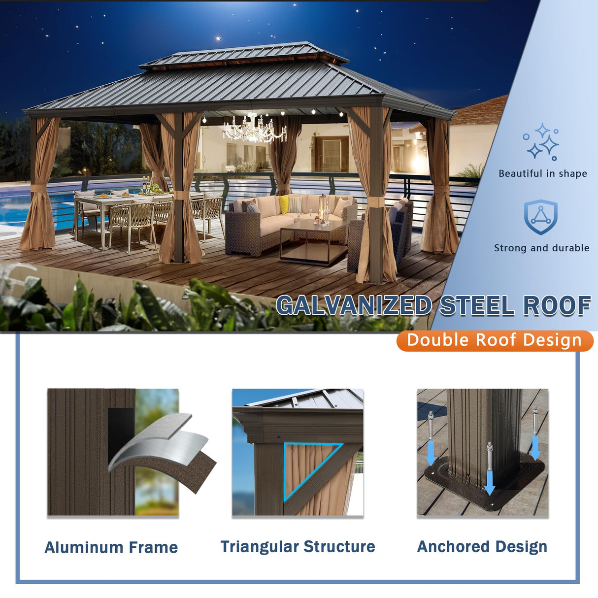 NOBLEMOOD 12' x 20' Outdoor Hardtop Gazebo with Curtain and Netting, All Weather Patio Gazebos with Metal Hard Top Roof for Backyard Deck Garden NOBLEMOOD