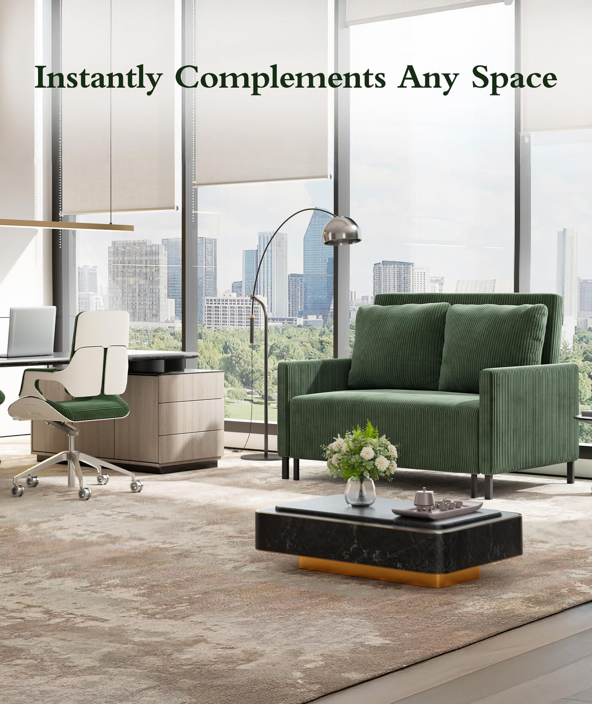 Corduroy Convertible Sofa Bed, 47" Loveseat Sleeper Sofa, Pull out Couch 618lb Capacity, Modern Sleeper Couch Bed 2 Fluffy Pillow Include, Small Couches for Small Spaces/Apartment/Office, Forest Green Domusensus