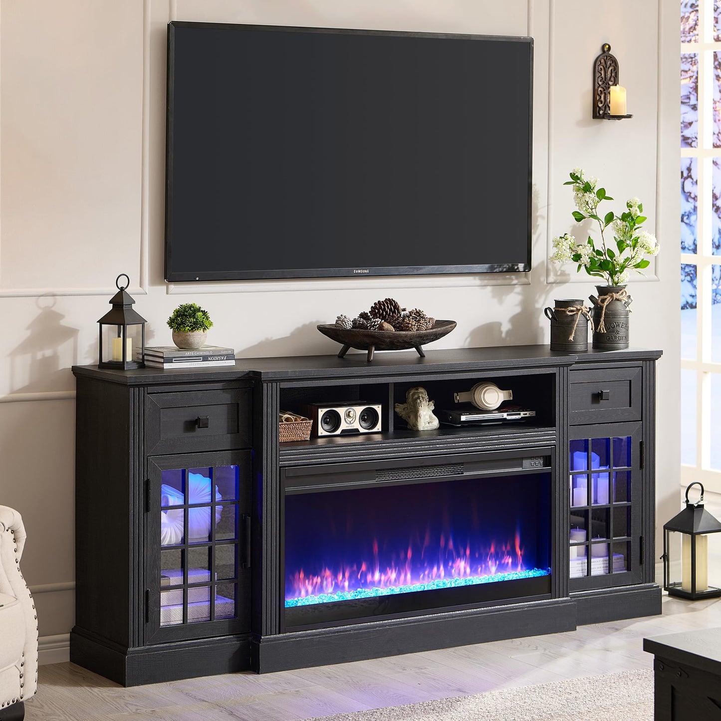 JXQTLINGMU Fireplace TV Stand for 80 Inch TV, Farmhouse Highboy Entertainment Center w/LED Lights & 36" Electric Fireplace, Large Media Console w/Glass Door Cabinet & Storage Drawer, Black