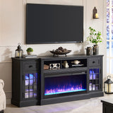 JXQTLINGMU Fireplace TV Stand for 80 Inch TV, Farmhouse Highboy Entertainment Center w/LED Lights & 36" Electric Fireplace, Large Media Console w/Glass Door Cabinet & Storage Drawer, Black JXQTLINGMU