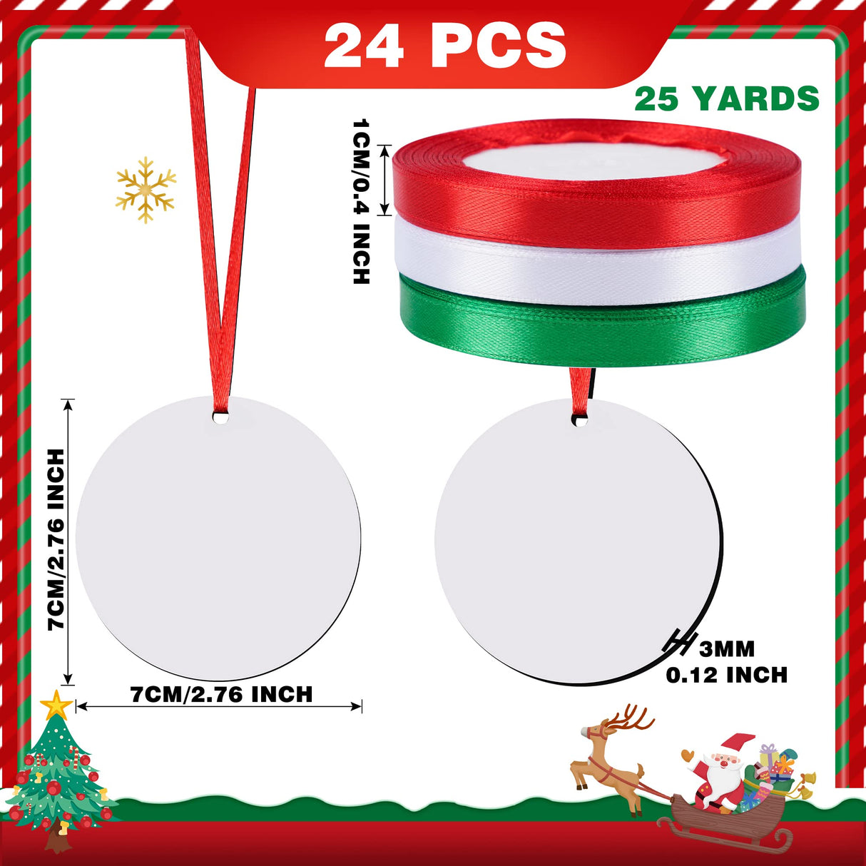 Christmas Sublimation Ornament Blanks 24PCS MDF Sublimation Blank Pendants Bulk Double Sided Printed Round Sublimation Ornaments with 3 Roll Ribbon for Christmas DIY Craft Decoration Supplies Daomong