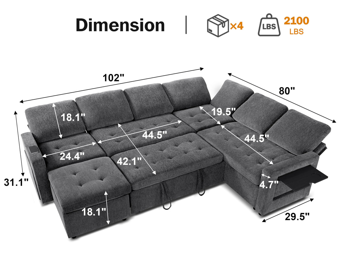 Vipbear 7 Seat L Shaped Modular Sectional Sleeper Sofa Bed with Ottoman/Pull Out Bed/Reclining Backrest/USB Ports/Table/LED Light/Storage Seat, Tool-Free Assembly, Chenille Dark Grey Vipbear