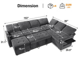 Vipbear 7 Seat L Shaped Modular Sectional Sleeper Sofa Bed with Ottoman/Pull Out Bed/Reclining Backrest/USB Ports/Table/LED Light/Storage Seat, Tool-Free Assembly, Chenille Dark Grey Vipbear
