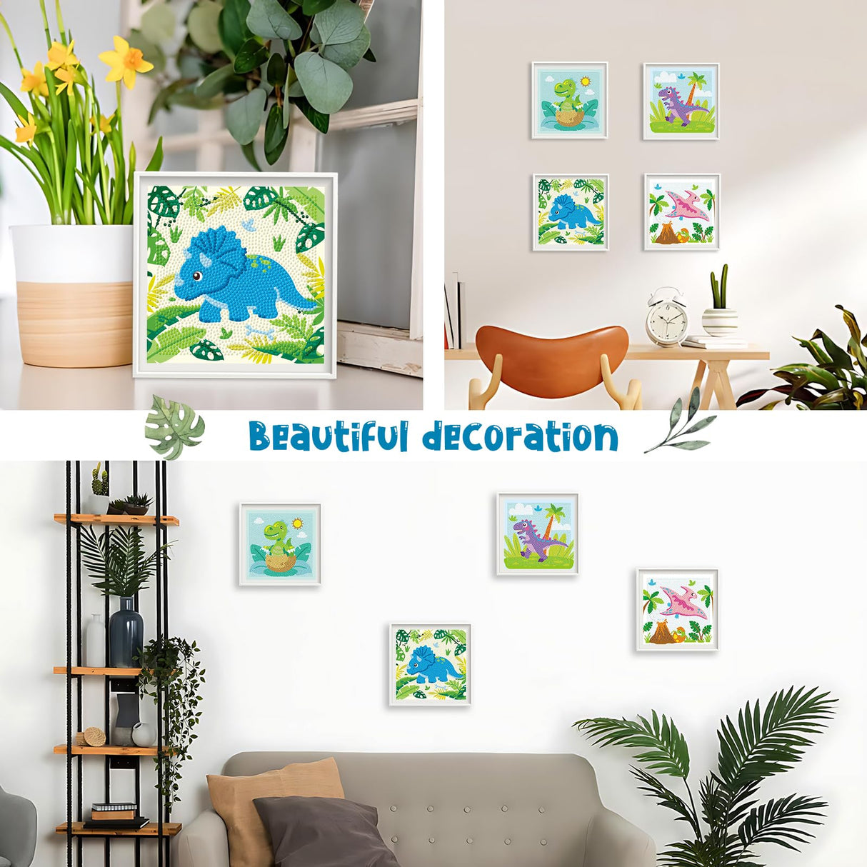 Cheerupp 4 Pcs Dinosaur Diamond Art Kits for Kids, Jungle Safari Animal DIY Creative Diamond Art Sticker Craft by Number for Adults Beginner, Full Round Drill Gem Art for Home Wall Decor Cheerupp