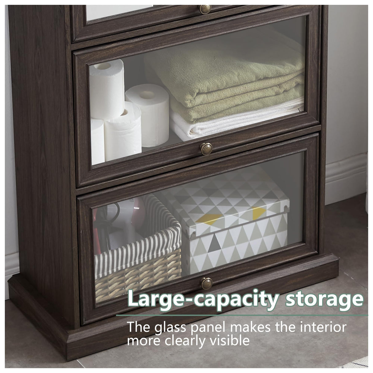 HIUU Brown Glass Display Curio Cabinet with Glass Doors,Brown Showcase Display Cabinet,Shelves with Flip-Up Glass Doors,Farmhouse Barrister Bookcase HIUU