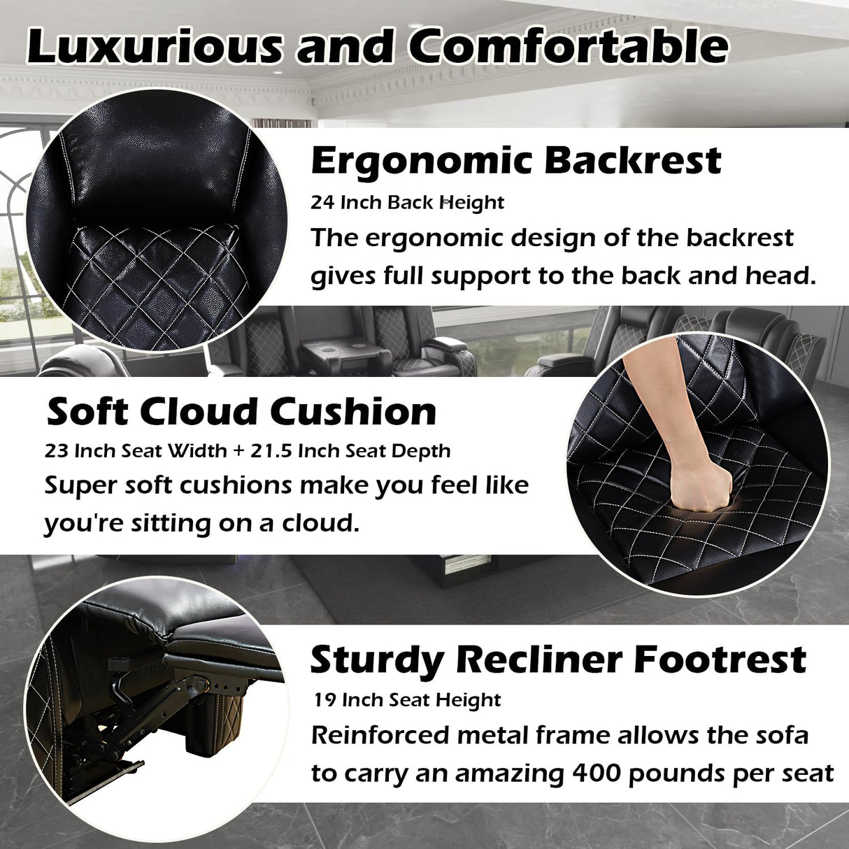 SIENWIEY Black Leather Reclining Sectional Sofa Set with Storage Ottoman,Power Recliner Sectional Couch with LED Lights,Recliner Sofa Set for Living Room Apartment Office SIENWIEY