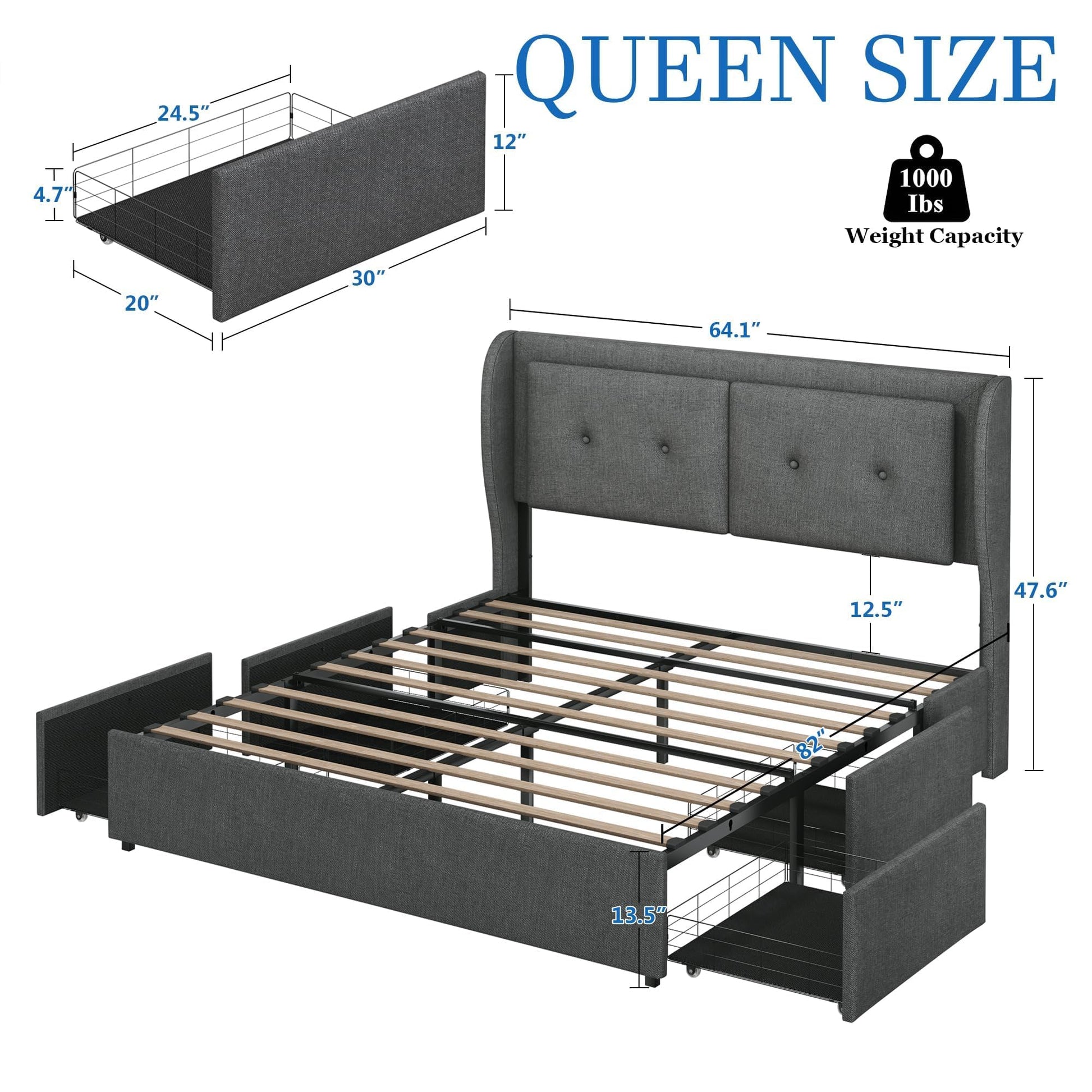 HUAHUU Queen Bed Frame with LED, Wingback Headboard, and 4 Storage Drawers – Upholstered Platform Bed, No Box Spring Needed - WoodArtSupply