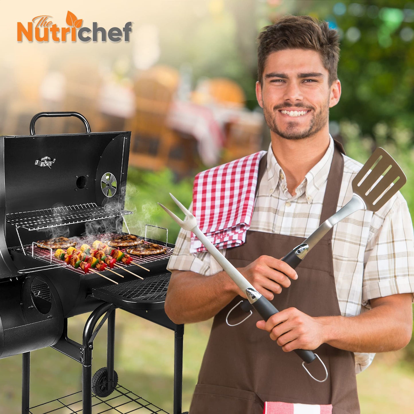 NutriChef Charcoal Grill Offset Smoker with Cover, Portable Stainless Steel Grill, Outdoor Camping BBQ and Barrel Smoker (Black)