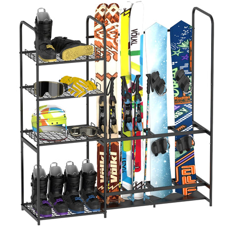 Freestanding Ski Rack for Garage - Stores 4 Pairs of Skis, Adjustable Ski Boot Holder, Organizes Skis, Boots, Poles, Goggles, Helmets & Gear, Ideal for Garage, Shed, Basement, Ski Enthusiasts KANEODOT