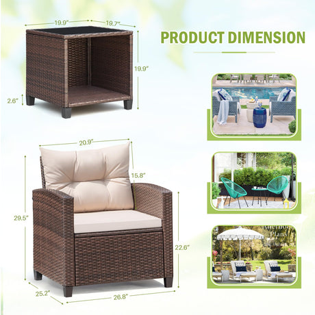 Devoko 3 Pieces Patio Furniture Set, PE Rattan Wicker Patio Set with Two Outdoor Chairs and Table, Upgraded Patio Chairs and Table for Porch, Garden Poolside Balcony Devoko