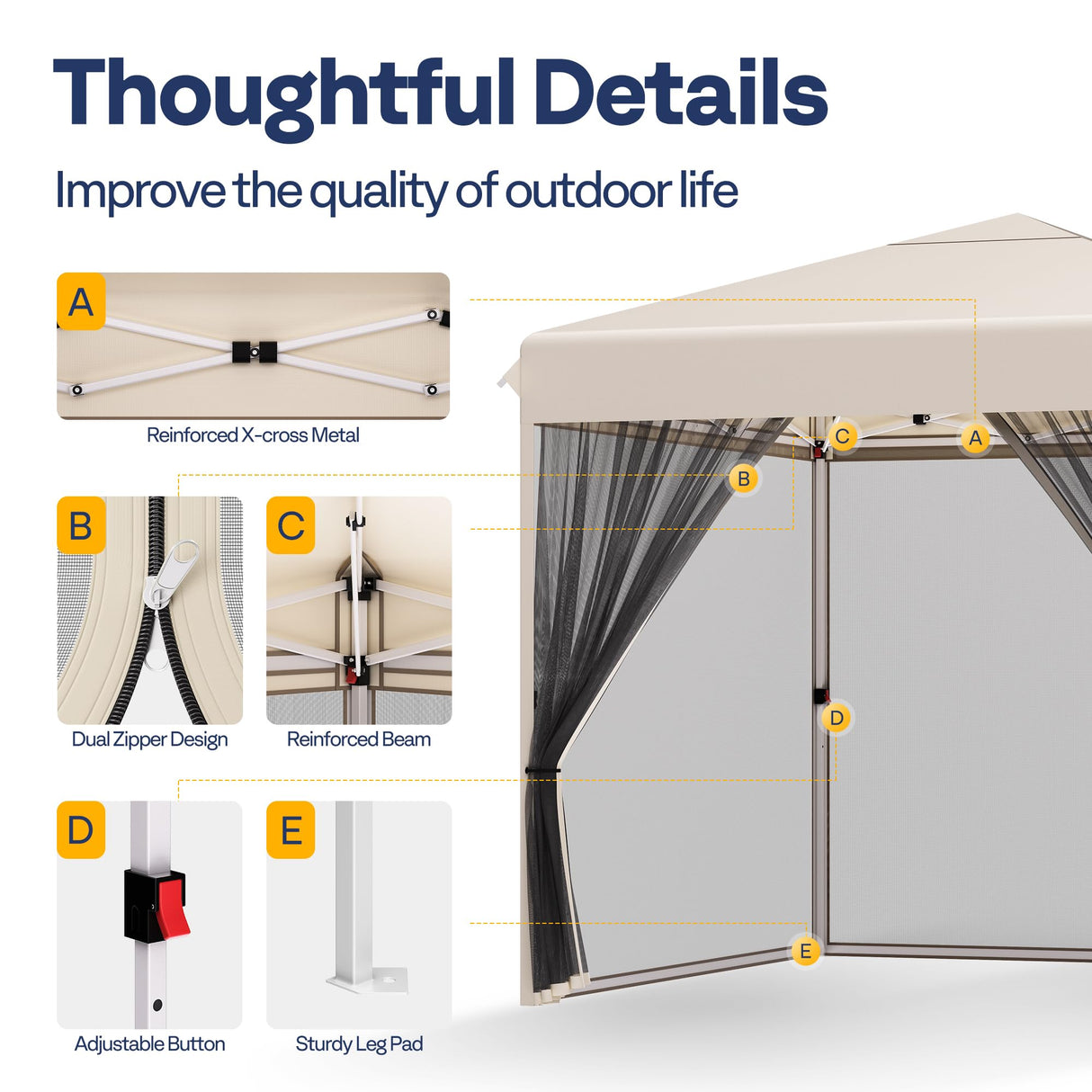 VIVOHOME 8x8ft Easy Pop-Up Screen Tent, Outdoor Canopy Tent with Mosquito Netting, 2 Zipper Doors, and Roller Bag for Yard Camping Picnic Party Events, Beige VIVOHOME