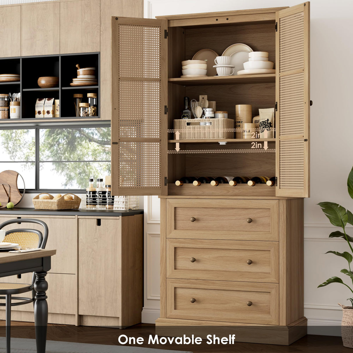 FACBOTALL 73" Tall Kitchen Pantry, Rattan Doors Pantry Cabinet with 3 Drawers and Adjustable Shelf, Large Wood Storage Cabinet, Rustic Wood Cupboard for Kitchen, Dining Room, Bathroom, Walnut FACBOTALL