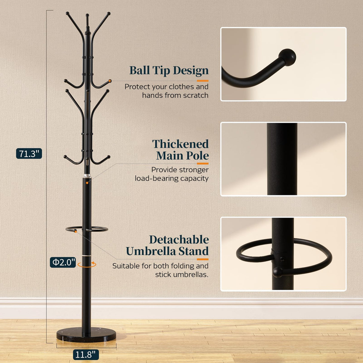 Yoobure Metal Coat Rack Freestanding with Marble Base, Coat Tree with 12 Hooks & Umbrella Holder, Coat Hanger Stand for Corner Entryway Bedroom Office, Heavy Duty Coat Rack Stand for Clothes Hats Bags Yoobure