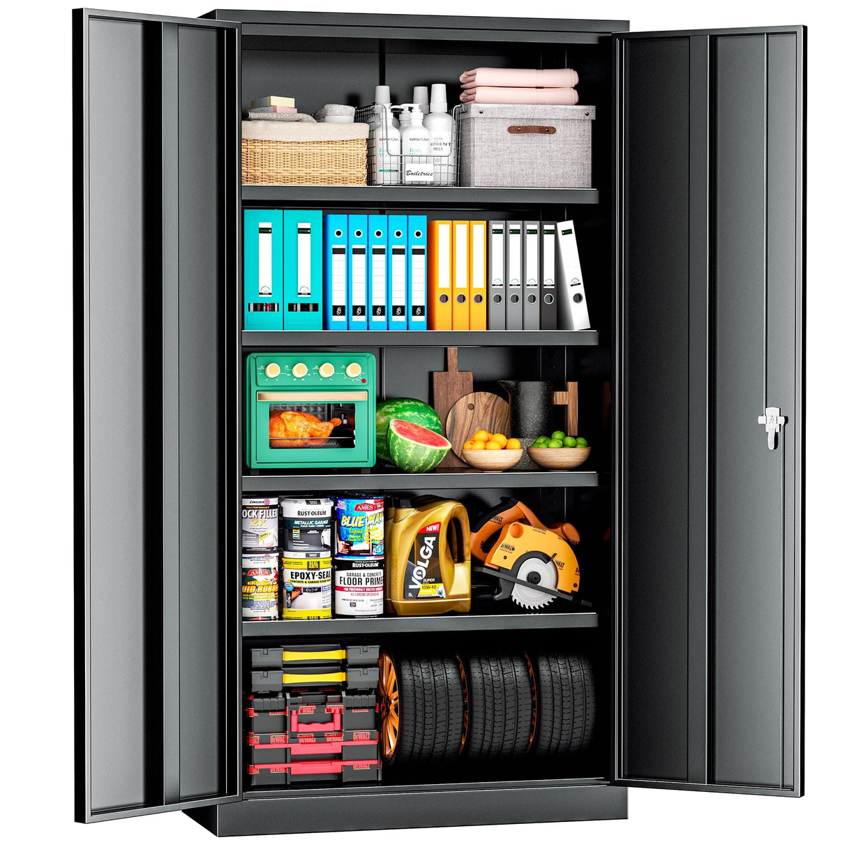 Superday 72" Lockable Steel Storage Cabinet, Locking Metal Storage Cabinets, Tall Black Cabinet with 2 Doors and 4 Adjustable Shelves for Garage, Home Office, Classroom, Pantry, File, Easy Assemble Superday