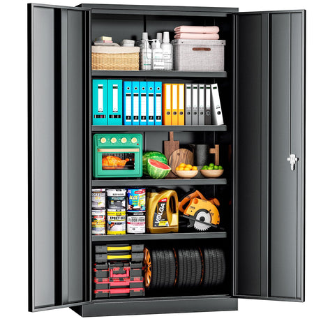 Superday 72" Lockable Steel Storage Cabinet, Locking Metal Storage Cabinets, Tall Black Cabinet with 2 Doors and 4 Adjustable Shelves for Garage, Home Office, Classroom, Pantry, File, Easy Assemble Superday
