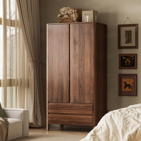 MAISONARIA Wardrobe with 2 Doors and 2 Drawers, 70.9”H Modern Walnut Bedroom Armoire Closet with Hidden Handles, Freestanding Wooden Storage Cabinet for Clothes and Essentials MAISONARIA