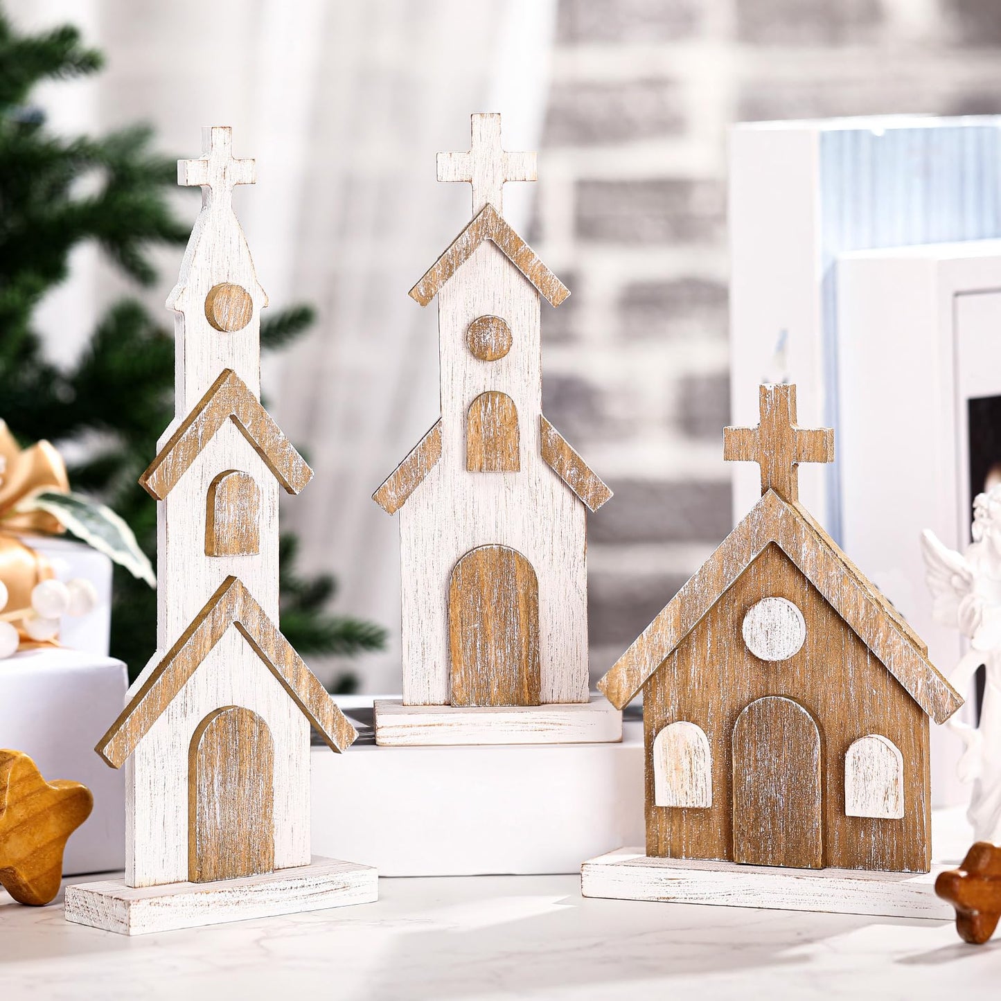 Cinnvoice 3 Pcs Christmas Rustic Wooden Churches Tabletop Decoration Farmhouse Wooden Churches Sign Desk Shelf Ornaments Xmas Wooden Centerpieces Decor for Table Top Fireplace Home Tiered Tray Decor