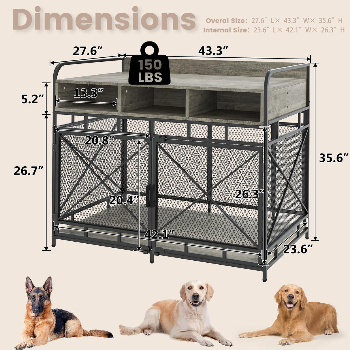 LEMBERI Dog Crate Furniture Large Breed,Wodeen Large Dog Kennel Indoor End Table,Heavy Duty Dog Crate,Decorative Pet Crate Dog Cage (Gray) LEMBERI