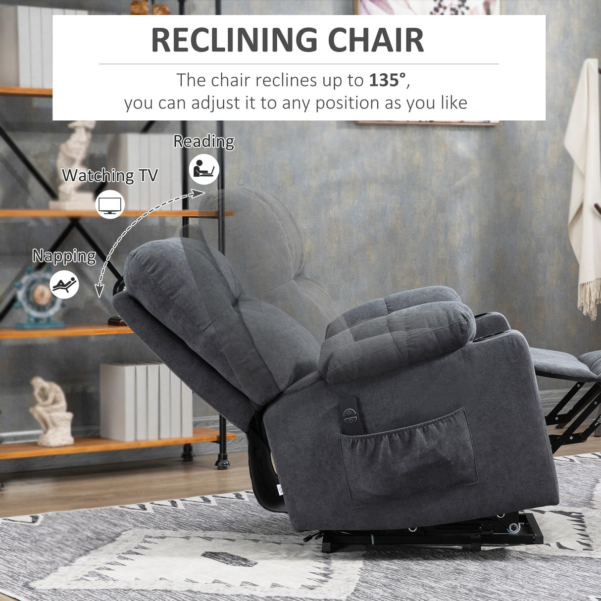 HOMCOM Electric Power Lift Chair Recliners for Elderly, Oversized Living Room Recliner Chair with Remote Control, Cup Holders, and Side Pockets, Dark Gray HOMCOM