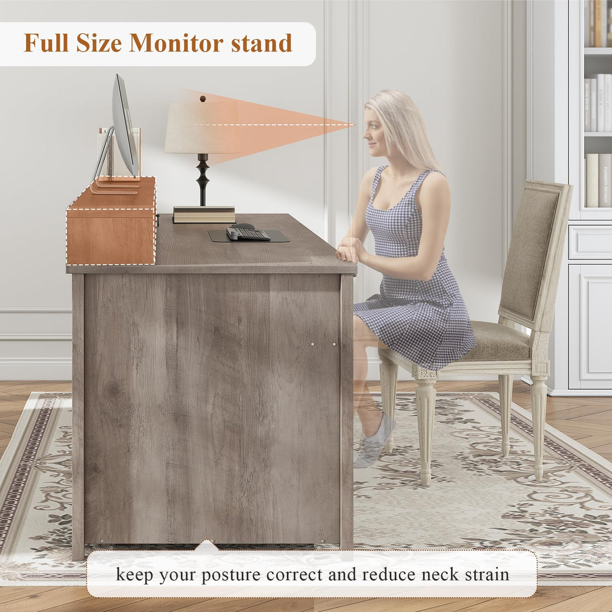 SEDETA Farmhouse 63" Executive Desk, Wood Computer Desk with Drawers and Storage Cabinet, Home Office Desk with File Drawer and Monitor Stand, Wood Desk for Work Study Writing, Grey SEDETA