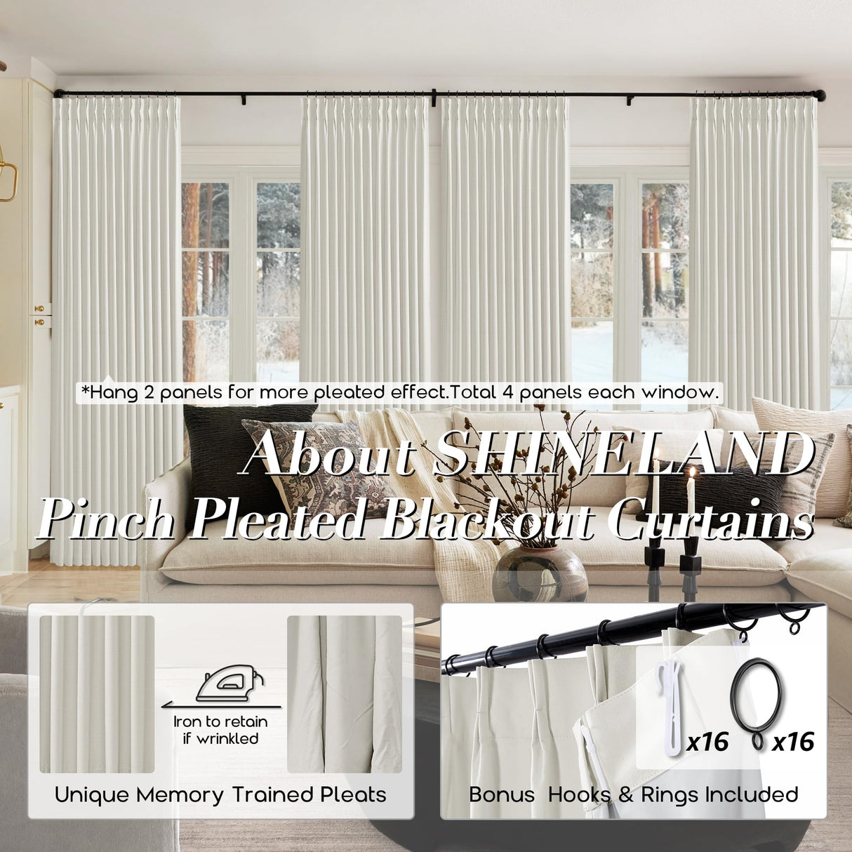 SHINELAND 108 Inch Curtains Long,Pinch Pleated Curtains Blackout Linen Black Out Extra Long Curtains for Living Room Drapes 108 Inches Long 2 Panels,Cream SHINELAND