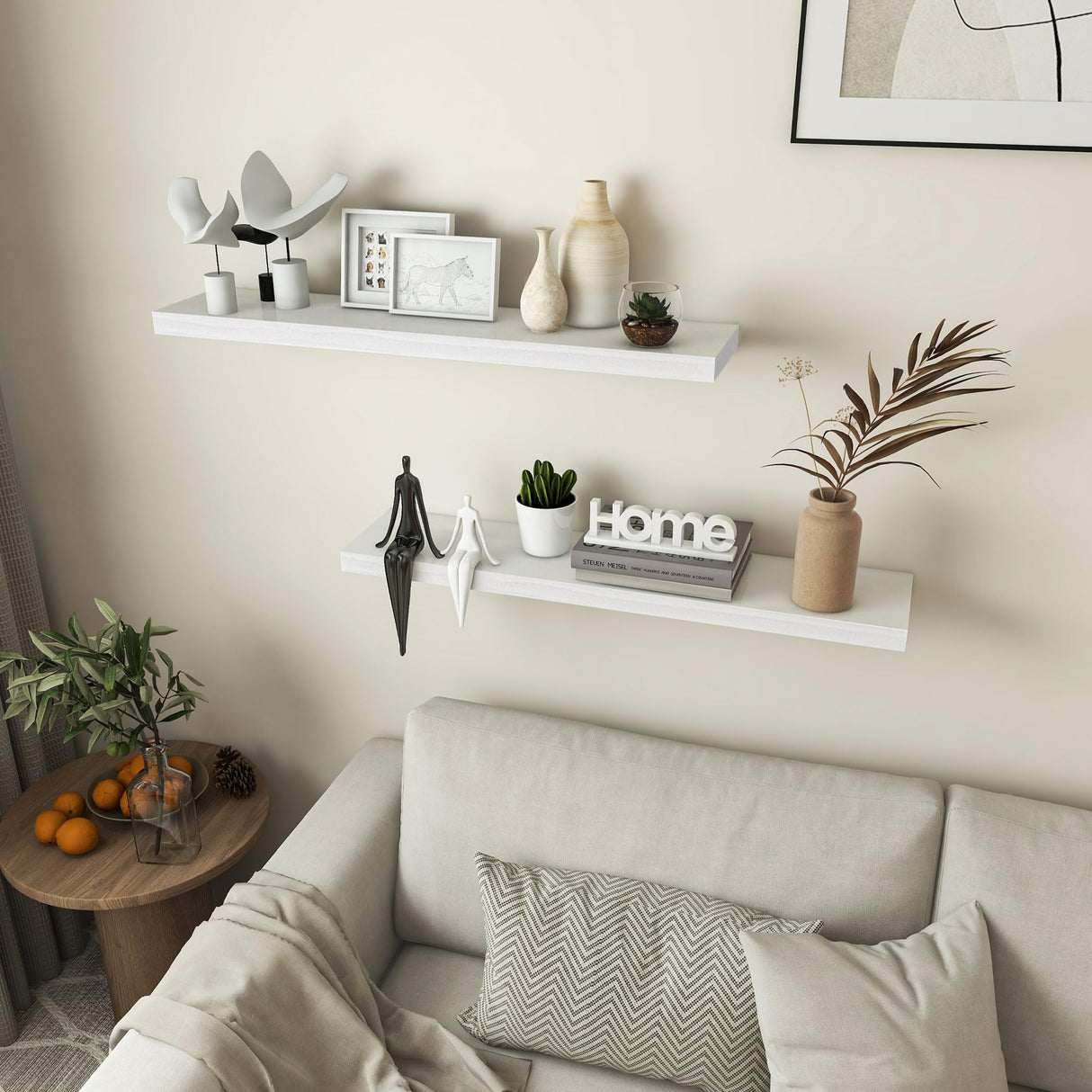 Floating Shelves 36 Inches Long - 8 Inch Deep Rustic Premium Solid Pine Wood for Storage - Farmhouse Wall Mounted for Living Room - Heavy-Duty Metal Bracket - 36" W x 8" D - Set of 2 - White Color Fun Memories