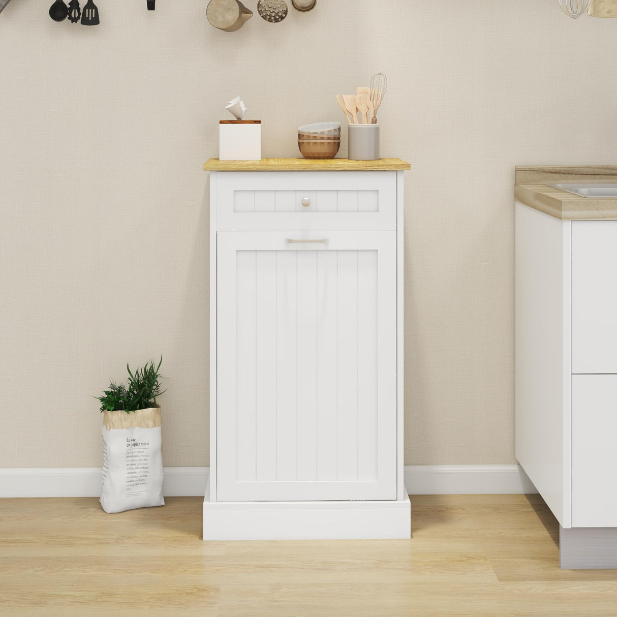 MiHunnor Wooden Simple style Kitchen Trash Cabinet, Wooden Frame with Drawers and Tilt-Out Trash Cabinet for 10 Gallon Trash Cans 19.69'' W x 13.78'' D x 35.43'' H (White-021) MiHunnor