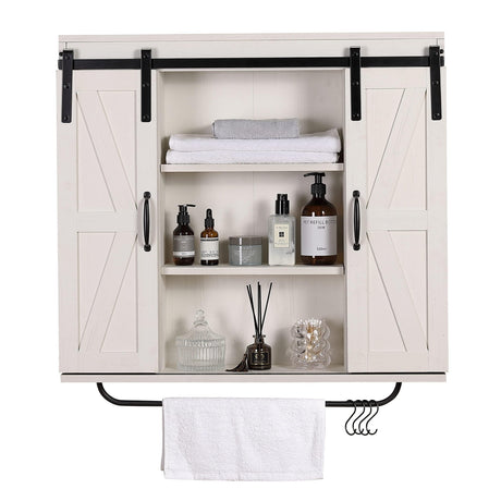 RUSTOWN Rustic Wood Wall Storage Cabinet with Two Sliding Barn Door, 3-Tier Decorative Farmhouse Vintage Cabinet for Kitchen Dining, Bathroom, Living Room, Vintage White RUSTOWN