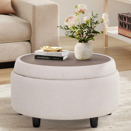 COLAMY Fabric Round Storage Ottoman with Reversible Tray Lid – Multi-Functional Footrest, Hidden Storage, Sturdy & Stylish Small Coffee Table for Living Room, Bedroom, or Entryway(Beige) COLAMY
