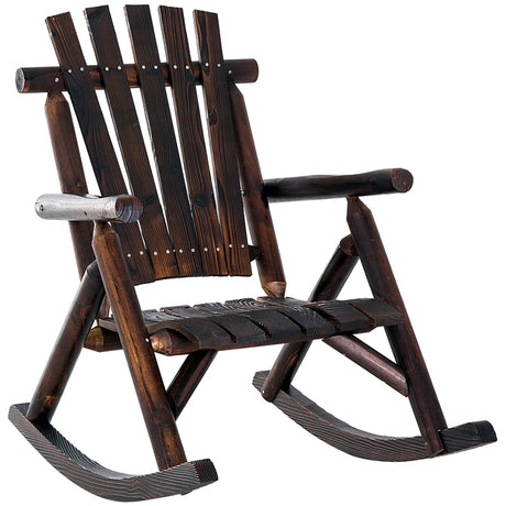 Outsunny Outdoor Wooden Rocking Chair, Single-Person Rustic Adirondack Rocker with Slatted Seat, High Backrest, Armrests for Patio, Garden and Porch, Brown Outsunny