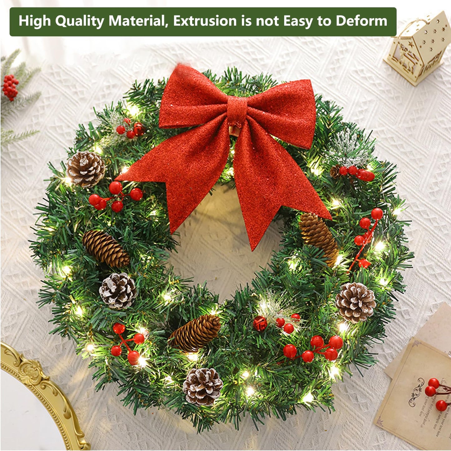 Pre-Lit Artificial Christmas Wreath,18inch/45cm Artificial Christmas Garland for Front Door with Red Bowknot, Pine Cones, Red Berries, 40 LED Lights for Indoor and Outdoor Christmas Decorations