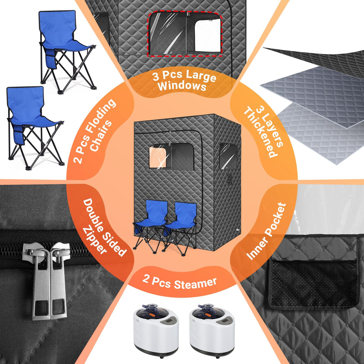 IvyBess 2 Person Sauna for Home, 1 or 2 Person Portable Steam Sauna with 2 1000W Sauna Steamers, 2 Floding Chairs, 9 Levels Adjustable, 99 Minutes Timer, Steamer Included (Grey) IvyBess