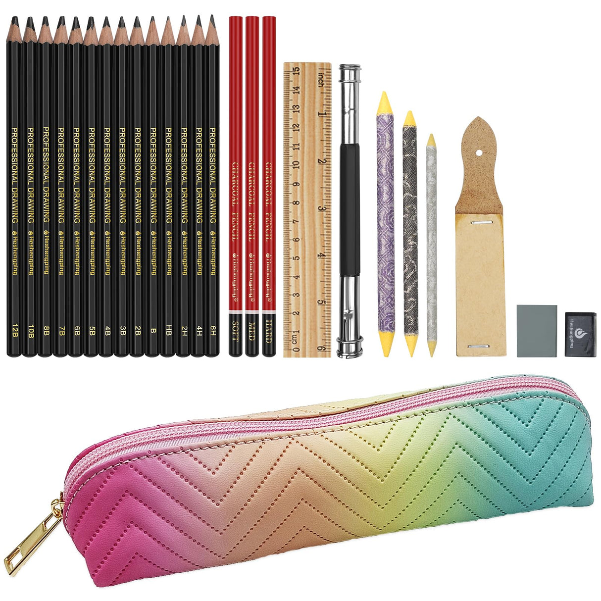 Heshengping 26 Pack Sketching Set Drawing Pencils Kit Art Supplies Include Graphite Charcoal Professional Pencils Set Cute Portable case for Artists Adults Beginners Artist Heshengping