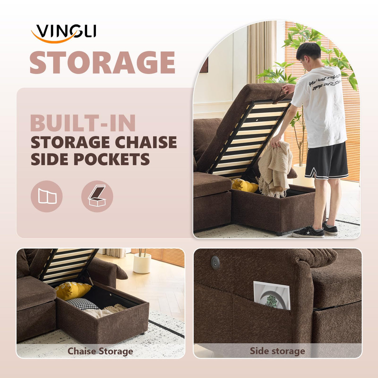 VINGLI Convertible Sofa Bed Couches for Living Room, Sleeper Sofa with Pull Out Couch Bed, Cloud-Like Plush Fleece L-Shape Sectional Couch with Storage Chaise, USB Charging, Side Pockets (Dark Brown) VINGLI