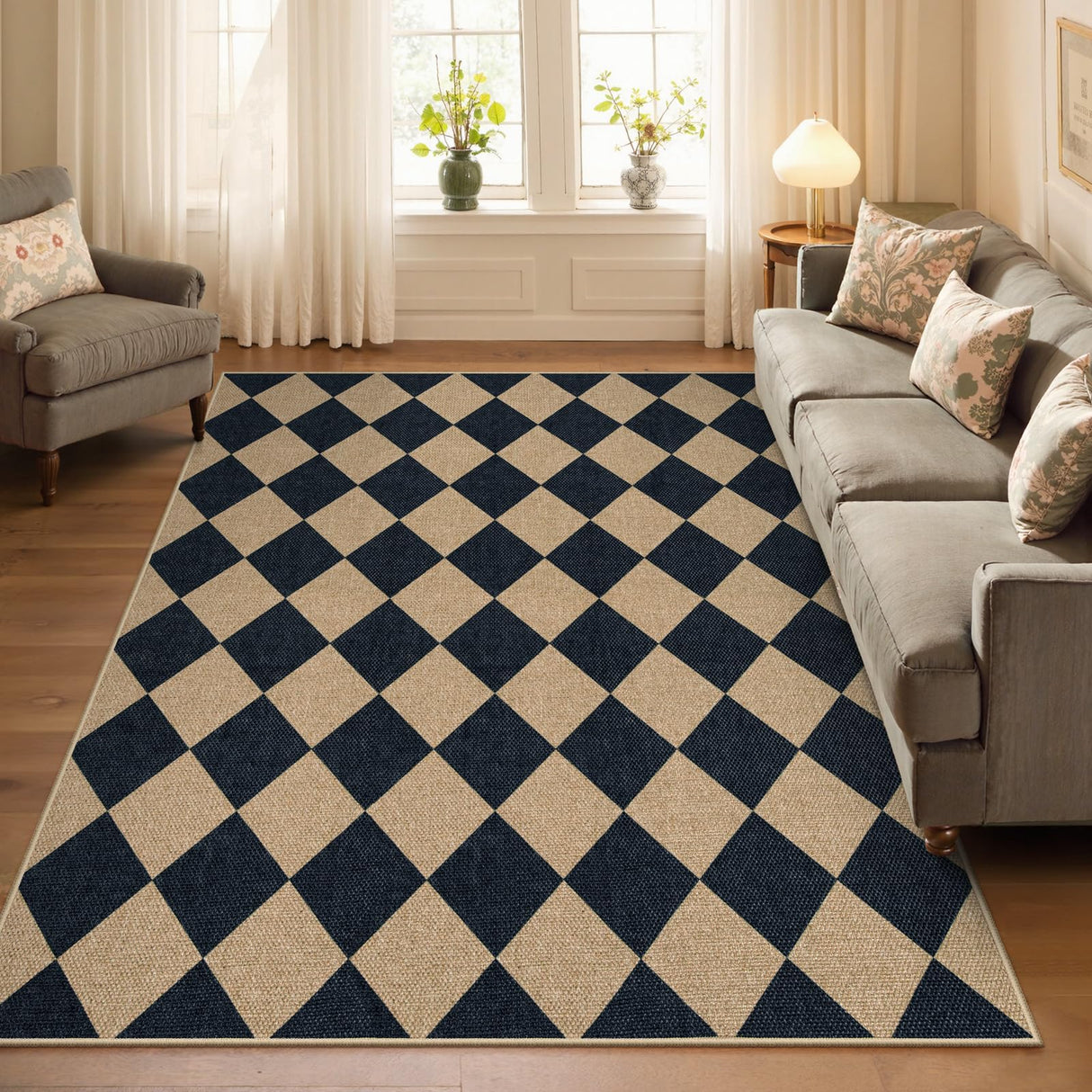 Lahome Checkered Easy Jute 5x7 Area Rugs, Washable Outdoor Patio Rug for Living Room Diamond Indoor Outdoor Carpet, Farmhouse Geometric Non Slip Black Carpet for Backyard Dining Room Lahome