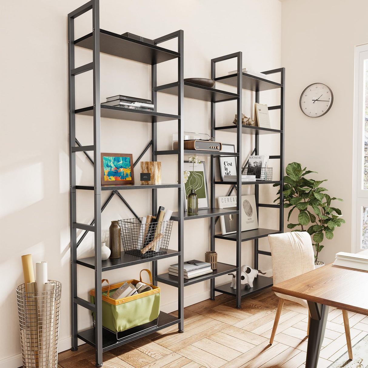 SUPERJARE Triple 5 Tier Bookshelf, Bookcase with 14 Open Display Shelves, Wide Book Shelf Book Case for Home & Office, Black SUPERJARE