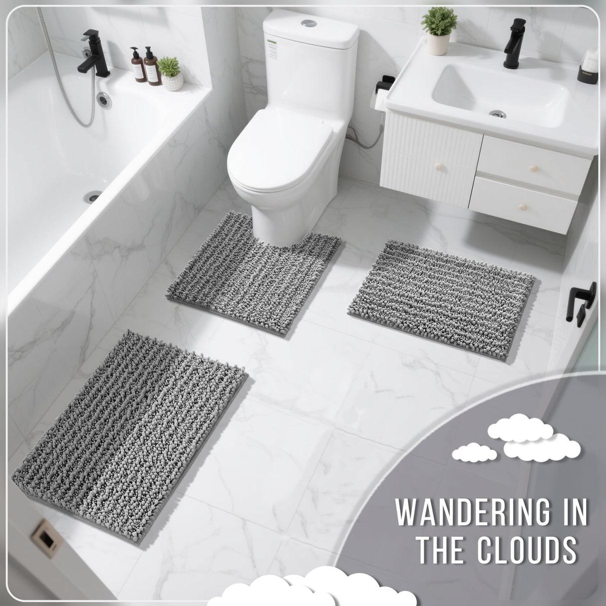 Yimobra Bathroom Rugs Non Slip Washable - Ultra Soft Absorbent Chenille Bath Mat, Quick Dry Shaggy Floor Carpet for Tub Shower, Gray Home Decor Accessories, 24x17 Inch Yimobra