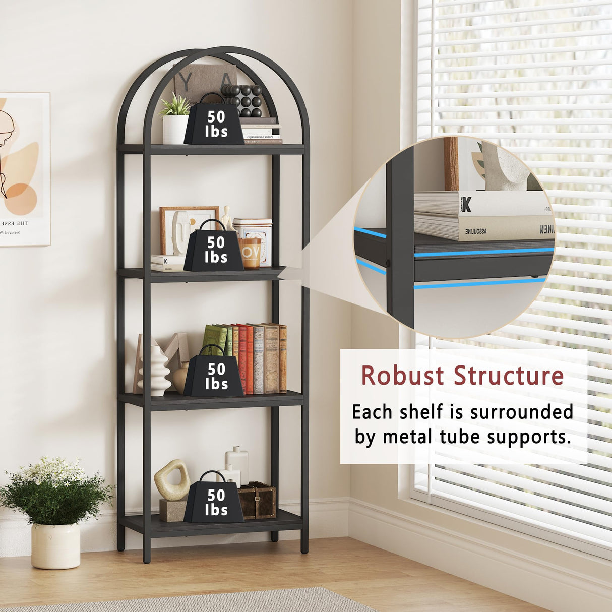 Yusong Bookshelf 4 Tier Arched Bookcase, 71.3" Tall Industrial Open Book Shelves for Living Room, Modern Freestanding Display Shelving Unit Storage Rack with Metal Frame, Office, Bedroom, Black Yusong