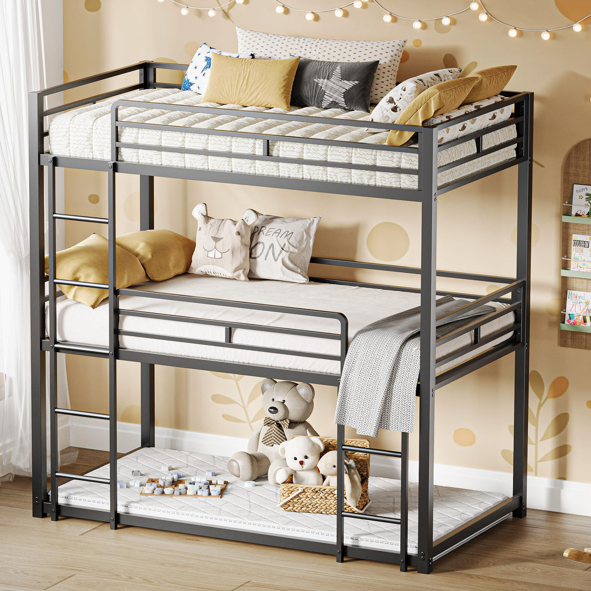 LIKIMIO Bunk Bed, Triple Bunk beds Twin Over Twin Over Twin with 2 Ladders, Metal Frame with Guardrails for Bedroom, No Box Spring Needed LIKIMIO