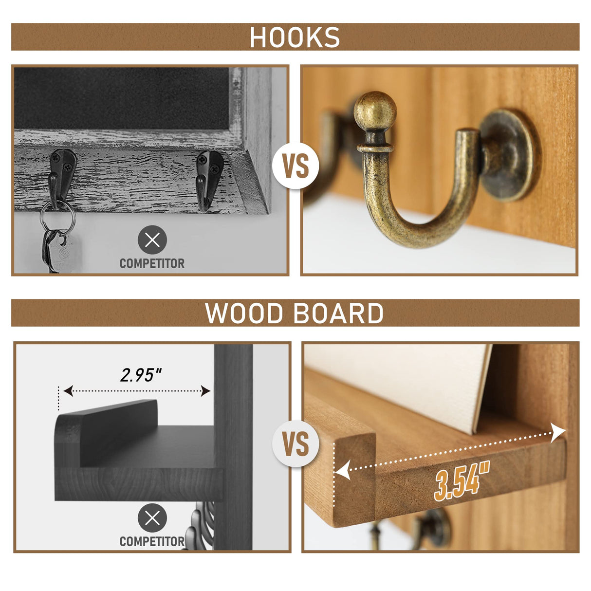 Rebee Vision Farmhouse Key Holder for Wall - Decorative Farmhouse Wall Shelf with Key Hooks and Mail Organizer Wall Mount for Apartment Essentials - Rustic Living Room Decor (Light Brown) Rebee Vision