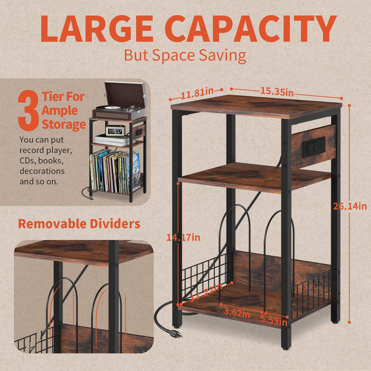 Yoobure Record Player Stand, 3-Tier Side Table with Charging Station, Small End Table Nightstand for Vinyl Storage, Tall Beside Tables Turntable Stand for Album CD, Night Stand for Living Room Bedroom Yoobure