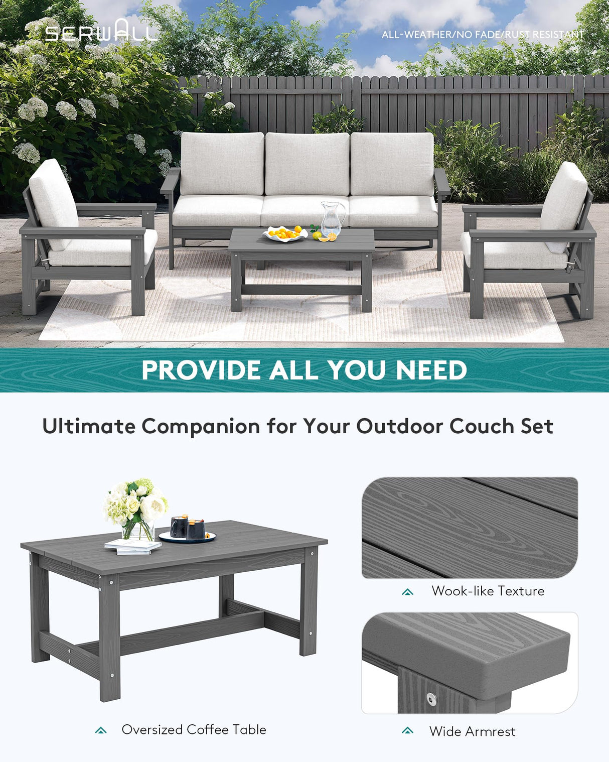 SERWALL HDPE Patio Conversation Set, 6-Piece Sectional Outdoor Furniture Set, All Weather Outdoor Couch Set Patio Furniture Set for Deck, Lawn, Grey Frame with Khaki Cushion SERWALL