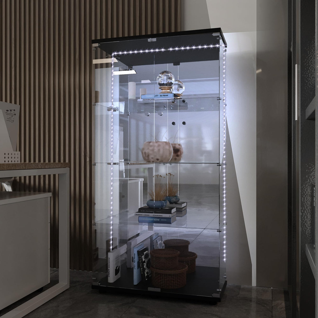 Maotifeys Modern Glass Display Cabinet 4-Shelf with LED Light,Mirror and Lock, 2 Door Curio Cabinets,Tempered Glass Collection Display Showcase for Living Room Home Office,30.9x13.5x64.6 H,Black Maotifeys