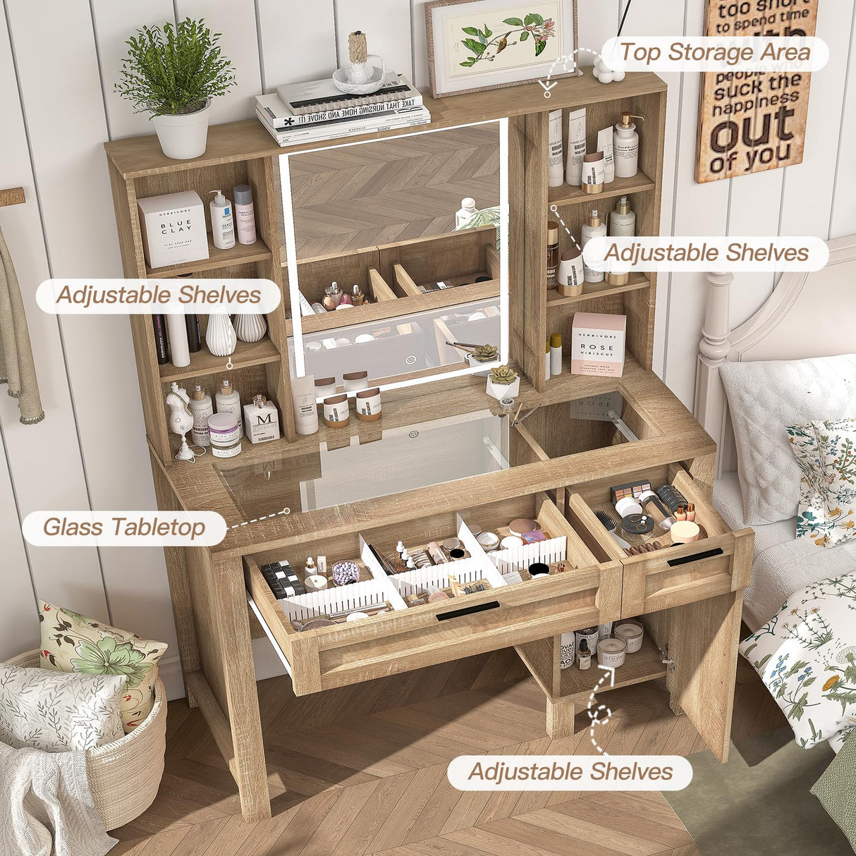 usikey Farmhouse Makeup Vanity Desk with Mirror and Lights, Glass Tabletop Makeup Vanity with Adjustable Shelves, Vanity Table Set with 2 Drawers and Side Cabinet for Bedroom, Maple usikey