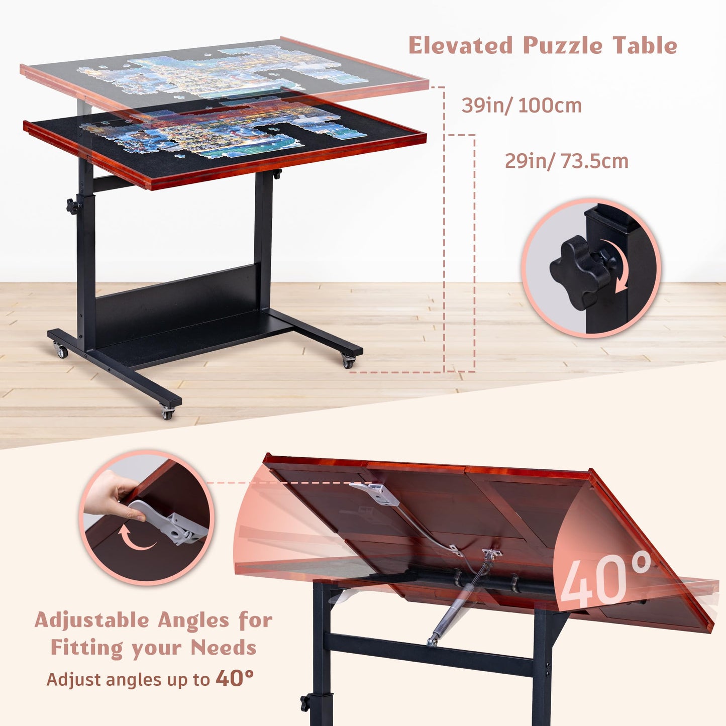 Becko US 1500 Pieces Jigsaw Puzzle Table/Board, Tilting Table/Board with Drawers & Height Adjustment, 5 Colored Sorting Trays with Proof-dust Felt Cover, Enclosed with 4 Wheels (Black)