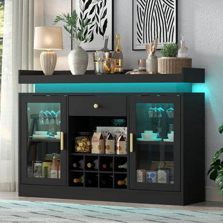 Wine Bar Cabinet with LED Light, Home Coffee Bar Cabinet with Wine and Glass Rack, Modern Sideboard Buffet w/ Storage Drawer & Shelves, Freestanding Liquor Cabinets for Living Room,Dining Room (Black) Auromie