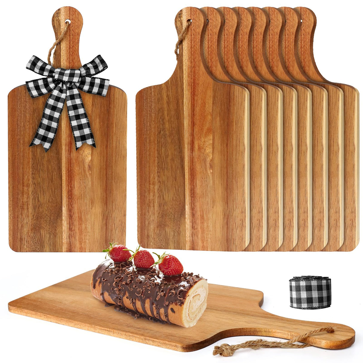 12 Packs Acacia Wood Cutting Board,12 x 6 Inch Plain Chopping Board with Handles Serving Board Wooden Kitchen Cutting Board Bulk with Rope and Plaid Ribbon for Vegetables Meat Pizza Cheese Fruit Bread Aweyka