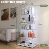 Buzleer Glass Display Cabinet with Lock LED Lighting 5-Tier 2-Door Curio Cabinets Full Vision Showcase Tempered Glass Display Case with Wheels for Living Room Bedroom Office, 74.6"*30.9"*13.6",White Buzleer